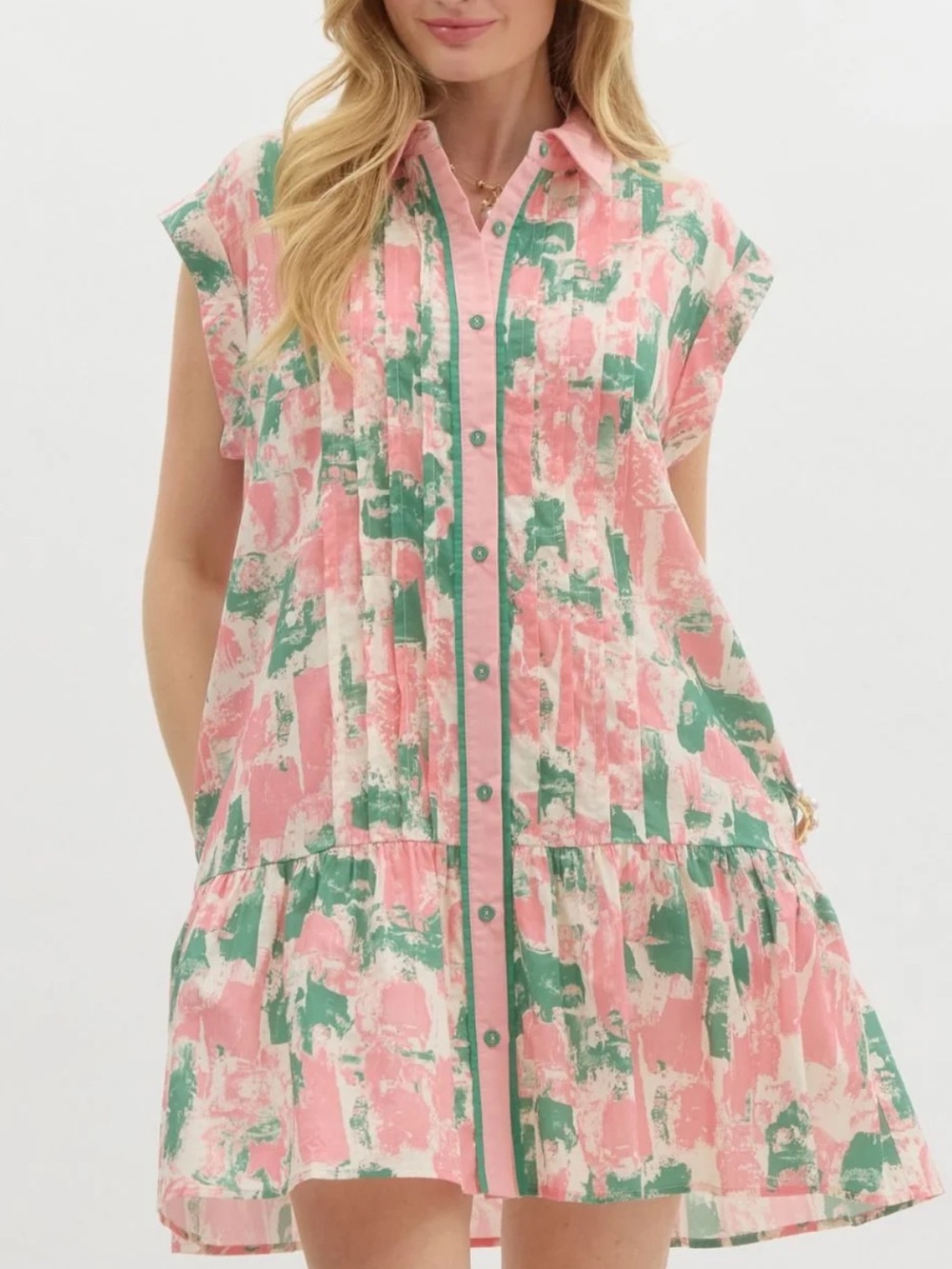 Entro Women’s Pink & Green Splatter Dream Dress Printed  Button‑Front Dress